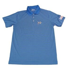Nike Polo Shirt Mens Medium Blue Striped Golf Tour Performance New England‎ Logo